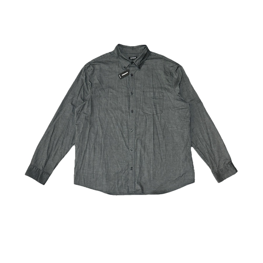Express Mens Grey Button Down Shirt Cotton Stretch Long Sleeve Casual XL NWT